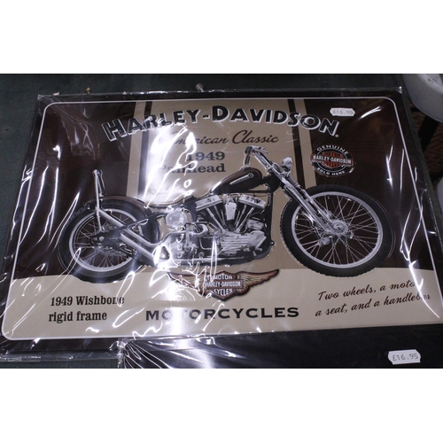 243 - FOUR TIN SIGNS TO INCLUDE HARLEY-DAVIDSON AND ROUTE 66, 29CM X 39CM