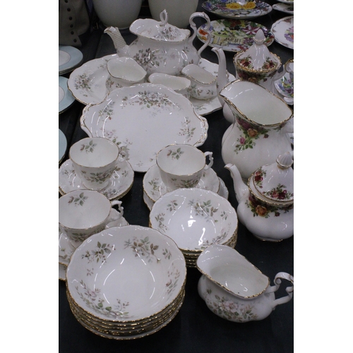 246 - A ROYAL ALBERT 'HAWORTH' TEASET TO INCLUDE A TEAPOT - A/F - LARGE SERVING PLATE, CAKE PLATE, BOWLS, ... 