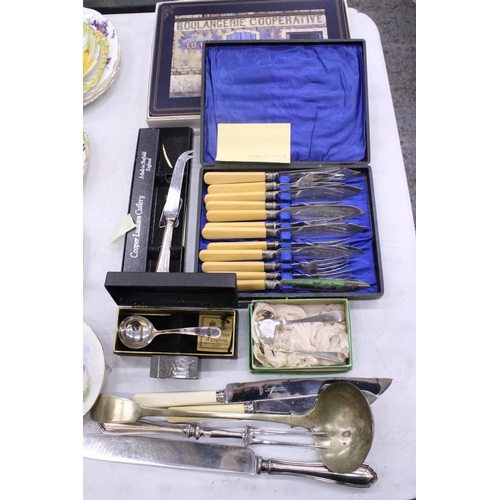 249 - A QUANTITY OF FLATWARE, SOME BOXED TO INCLUDE A FISH KNIVE AND FORK SET, ARTHUR PRICE SAUCE SPOON, A... 