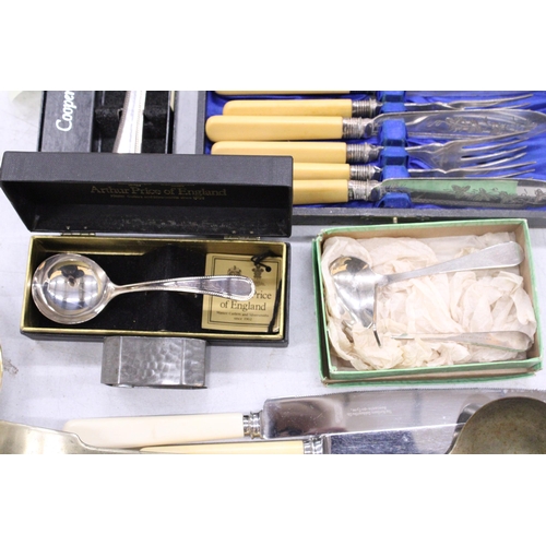 249 - A QUANTITY OF FLATWARE, SOME BOXED TO INCLUDE A FISH KNIVE AND FORK SET, ARTHUR PRICE SAUCE SPOON, A... 