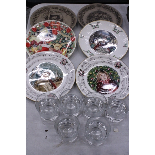 253 - SIX CABINET PLATES TO INCLUDE POOLE POTTERY PLUS SIX HEAVY BASED GLASS TUMBLERS