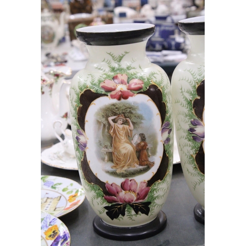 260 - A PAIR OF FRENCH STYLE OPALINE HAND PAINTED VASES WITH TRANSFERS OF FAIR MAIDENS WITH CHILDREN - 32 ... 