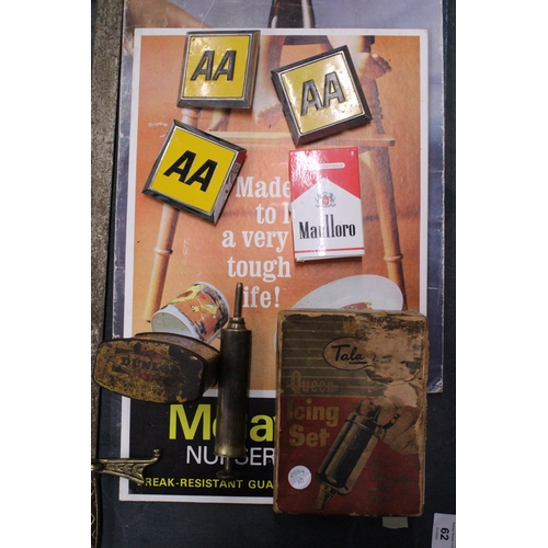 61 - A COLLECTION OF VINTAGE COLLECTABLES TO INCLUDE ADVERTISING BOARDS, AA BADGES, DUNLOP TIN, ETC.,