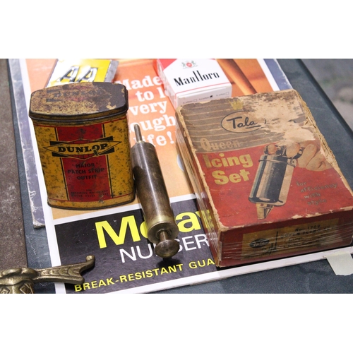 61 - A COLLECTION OF VINTAGE COLLECTABLES TO INCLUDE ADVERTISING BOARDS, AA BADGES, DUNLOP TIN, ETC.,