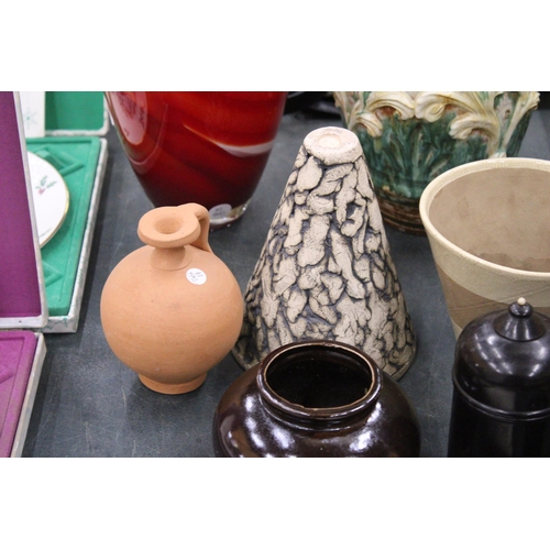 82 - A MIXED LOT TO INCLUDE THREE GRADUATED STORAGE POTS, FIGURE OF A FOX, TERACOTTA VASE, ETC.,