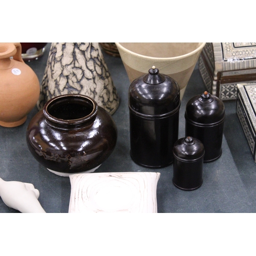 82 - A MIXED LOT TO INCLUDE THREE GRADUATED STORAGE POTS, FIGURE OF A FOX, TERACOTTA VASE, ETC.,