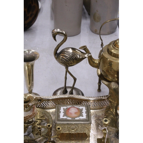 92 - A QUANTITY OF BRASS AND SILVER PLATE TO INCLUDE A TEAPOT AND TRIVET, JEWELLERY BOX, DOLPHIN FIGURE, ... 