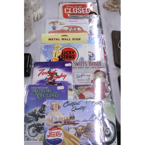 96 - A QUANTITY OF METAL WALL SIGNS TO INCLUDE MOTOR CYCLING, LUCKY STRIKE, SWIFTS BORAX SOAP, ETC.,