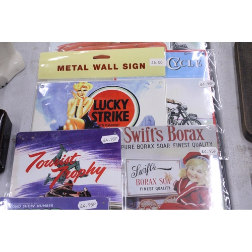 96 - A QUANTITY OF METAL WALL SIGNS TO INCLUDE MOTOR CYCLING, LUCKY STRIKE, SWIFTS BORAX SOAP, ETC.,