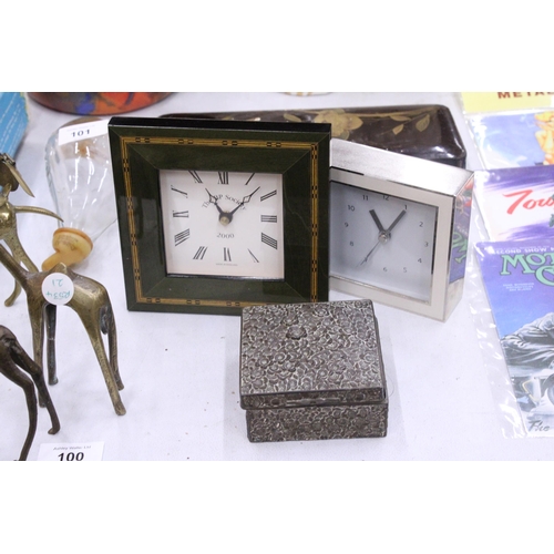 99 - TWO SMALL MANTLE CLOCKS AND A WHITE METAL TRINKET BOX