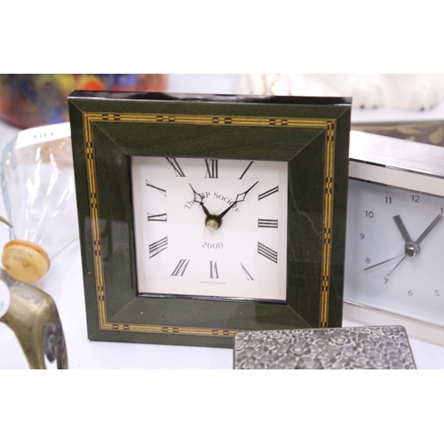 99 - TWO SMALL MANTLE CLOCKS AND A WHITE METAL TRINKET BOX