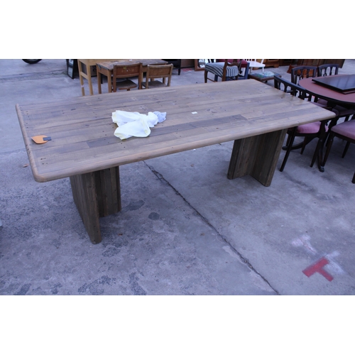 2960 - A RUSTIC DINING TABLE WITH WOODBLOCK TOP ON TWIN PEDESTAL BASE, 86