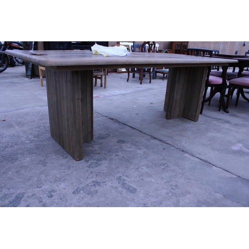 2960 - A RUSTIC DINING TABLE WITH WOODBLOCK TOP ON TWIN PEDESTAL BASE, 86