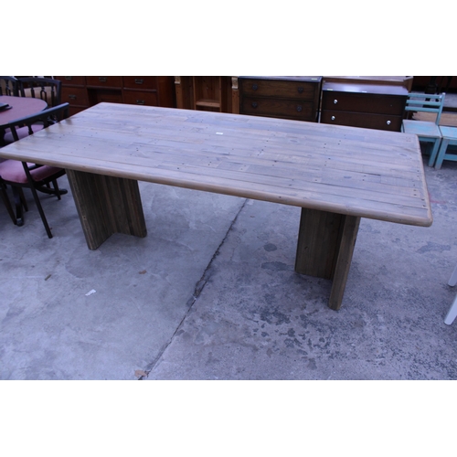 2960 - A RUSTIC DINING TABLE WITH WOODBLOCK TOP ON TWIN PEDESTAL BASE, 86