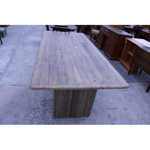 2960 - A RUSTIC DINING TABLE WITH WOODBLOCK TOP ON TWIN PEDESTAL BASE, 86