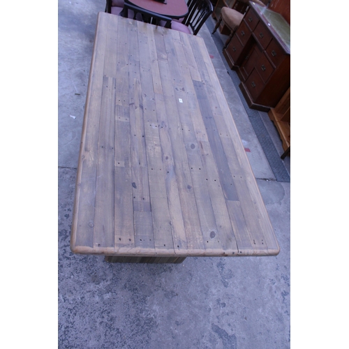 2960 - A RUSTIC DINING TABLE WITH WOODBLOCK TOP ON TWIN PEDESTAL BASE, 86