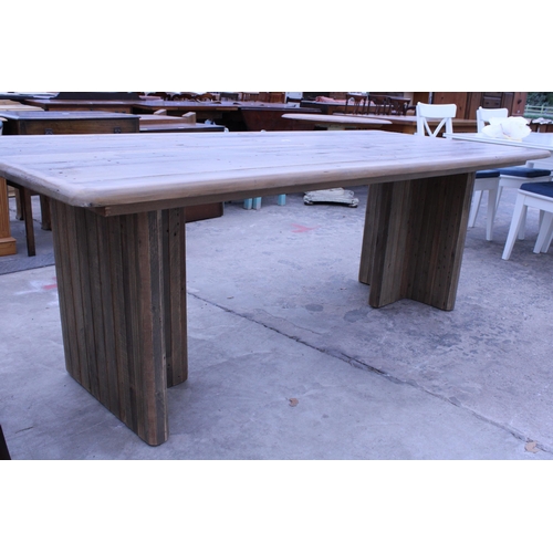 2960 - A RUSTIC DINING TABLE WITH WOODBLOCK TOP ON TWIN PEDESTAL BASE, 86