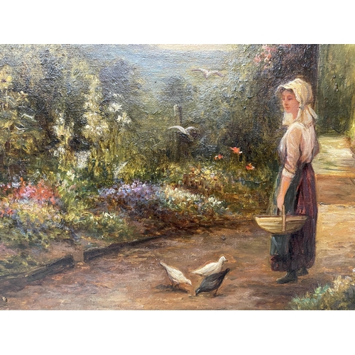 15A - A FRAMED ERNEST WALBOURNE (BRITISH 1872 - 1923) OIL ON CANVAS OF A LADY FEED BIRDS - 41 x 61 CM TO I... 