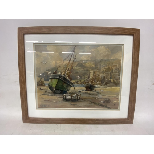 32A - A FRAMED AND GLAZED OIL ON BOARD OF FISHING BOATS IN A HARBOUR - N. BOWEN (BRITISH 20TH CENTURY) - S... 