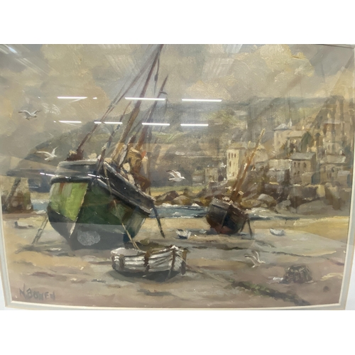 32A - A FRAMED AND GLAZED OIL ON BOARD OF FISHING BOATS IN A HARBOUR - N. BOWEN (BRITISH 20TH CENTURY) - S... 