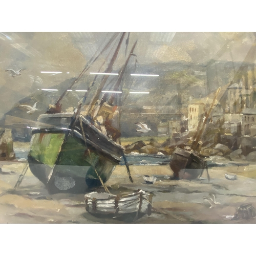 32A - A FRAMED AND GLAZED OIL ON BOARD OF FISHING BOATS IN A HARBOUR - N. BOWEN (BRITISH 20TH CENTURY) - S... 