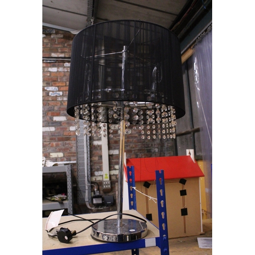 299 - A LARGE TABLE LAMP WITH THREE BULBS AND MESH SHADE WITH CRYSTALS, HEIGHT APPROX 70CM