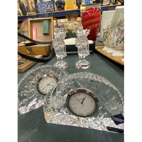 141 - A QUANTITY OF EDINBURGH AND HERITAGE IRISH CRYSTAL TO INCLUDE TWO MANTLE CLOCKS, A PAIR OF BAGPIPE P... 