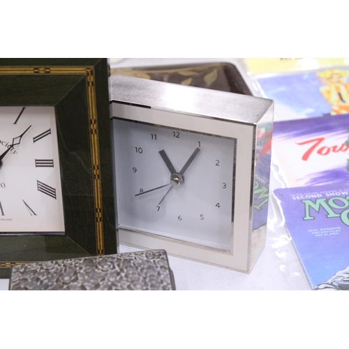 99 - TWO SMALL MANTLE CLOCKS AND A WHITE METAL TRINKET BOX