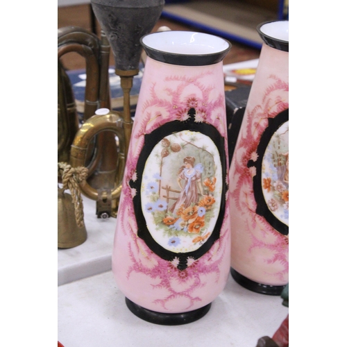 163 - A PAIR OF FRENCH STYLE OPALINE HANDPAINTED VASES WITH TRANSFERS OF FAIR MAIDENS - 33 CM