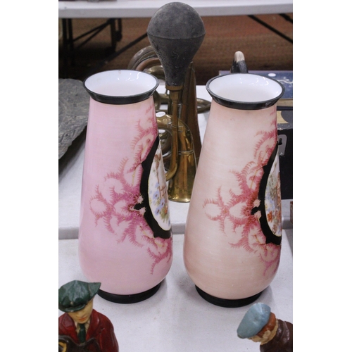 163 - A PAIR OF FRENCH STYLE OPALINE HANDPAINTED VASES WITH TRANSFERS OF FAIR MAIDENS - 33 CM