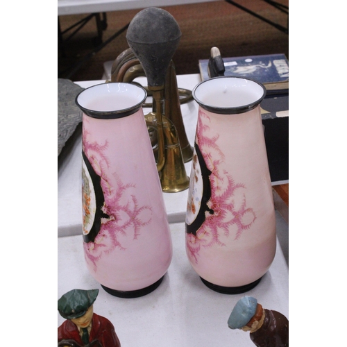 163 - A PAIR OF FRENCH STYLE OPALINE HANDPAINTED VASES WITH TRANSFERS OF FAIR MAIDENS - 33 CM