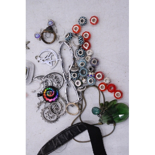 201 - A MIXED LOT OF COSTUME JEWELLERY TO INCLUDE PANDORA STYLE BEADS SOME STAMPED 925, EARRINGS, RINGS, P... 