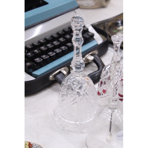 211 - FOUR GLASS BELLS AND TWO GLASS OWL PAPERWEIGHTS