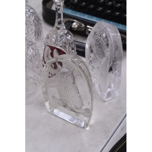 211 - FOUR GLASS BELLS AND TWO GLASS OWL PAPERWEIGHTS