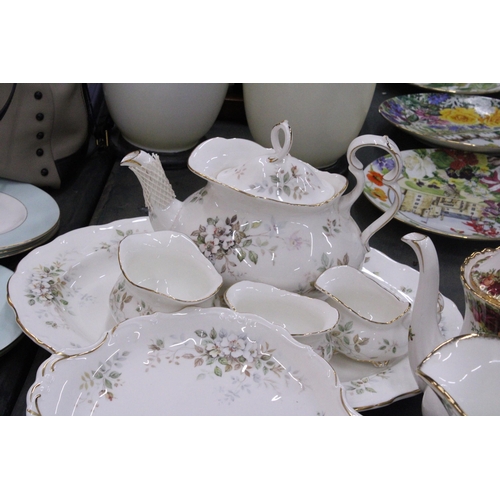 246 - A ROYAL ALBERT 'HAWORTH' TEASET TO INCLUDE A TEAPOT - A/F - LARGE SERVING PLATE, CAKE PLATE, BOWLS, ... 