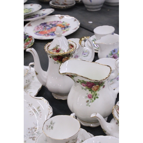 246 - A ROYAL ALBERT 'HAWORTH' TEASET TO INCLUDE A TEAPOT - A/F - LARGE SERVING PLATE, CAKE PLATE, BOWLS, ... 