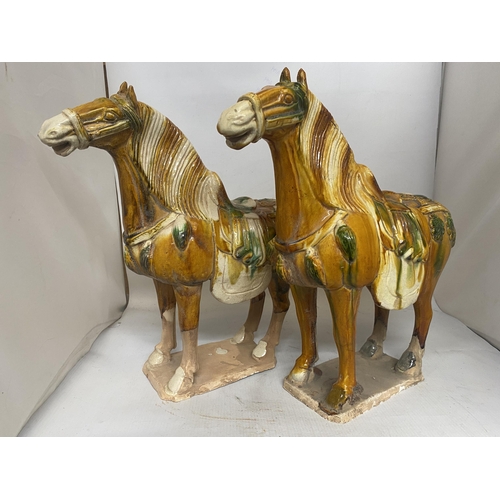 302 - A LARGE PAIR OF DRIPGLAZE TANG DYNASTY WAR HORSES - 36 CM (H) 39 cm (W)