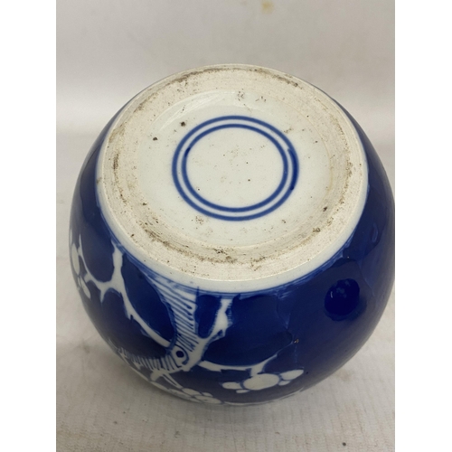 312 - A CHINESE BLUE AND WHITE PRUNUS BLOSSOM GINGER JAR - 13 CM (H)