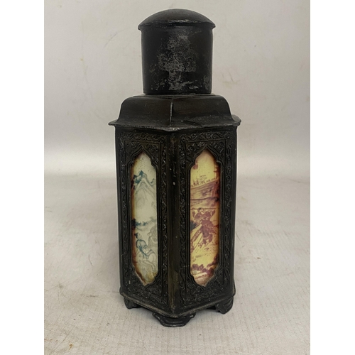 322 - AN ANTIQUE CHINESE PEWTER HEXAGONAL TEA CADDY WITH HAND PAINTED GLASS PANELS