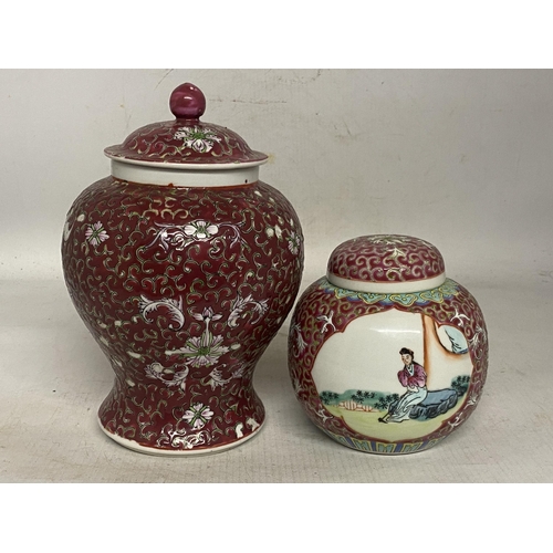 324 - A VINTAGE CHINESE GINGER JAR TOGETHER WITH A FAMILLE ROSE LIDDED URN