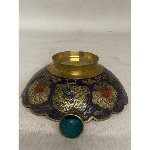 325 - A BRASS ENAMELLED PEACOCK BOWL TOGETHER WITH A CLOISS0NNE ENAMELLED THIMBLE