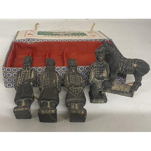 330 - A BOXED SET OF QIN DYNASTY REPRODUCTION TERRACOTTA HORSE AND WARRIOR SCULPTURES