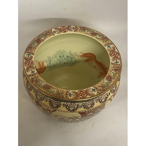 332 - A JAPANESE SATSUMA PORCELAIN FISH BOWL/PLANTER - 21 CM (H) 25 CM (W)