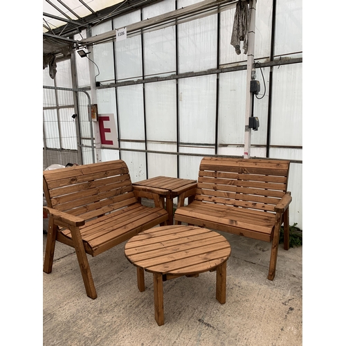 260 - AN AS NEW EX DISPLAY CHARLES TAYLOR GARDEN FURNITURE SET. TWO DOUBLE SEATER BENCHES WITH SQUARE DRIN... 