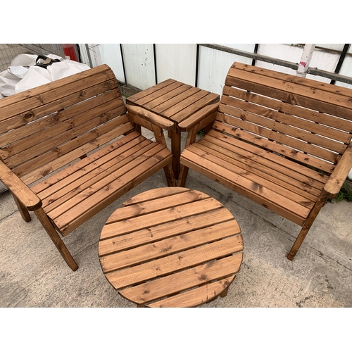 260 - AN AS NEW EX DISPLAY CHARLES TAYLOR GARDEN FURNITURE SET. TWO DOUBLE SEATER BENCHES WITH SQUARE DRIN... 