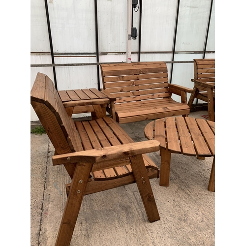 260 - AN AS NEW EX DISPLAY CHARLES TAYLOR GARDEN FURNITURE SET. TWO DOUBLE SEATER BENCHES WITH SQUARE DRIN... 