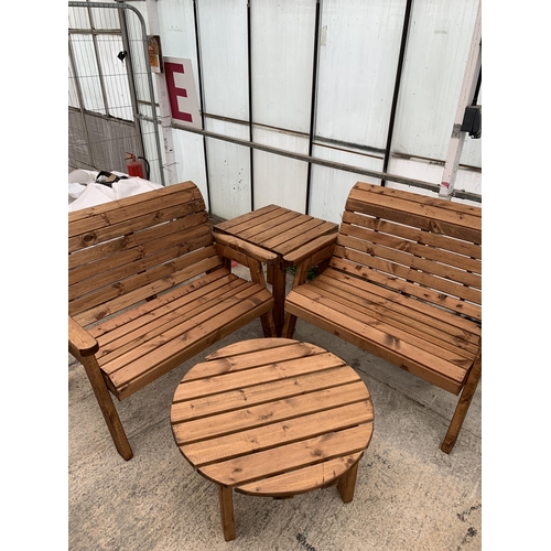 260 - AN AS NEW EX DISPLAY CHARLES TAYLOR GARDEN FURNITURE SET. TWO DOUBLE SEATER BENCHES WITH SQUARE DRIN... 