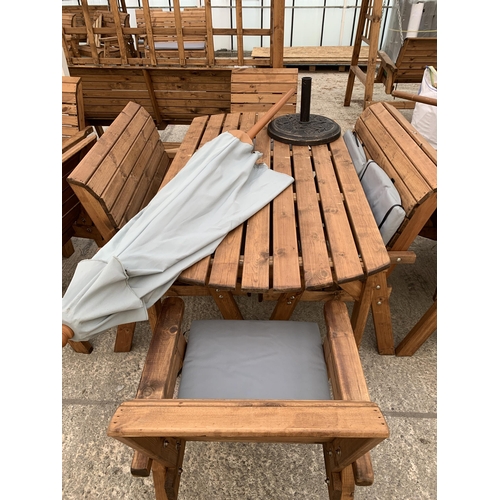 262 - AN AS NEW EX DISPLAY CHARLES TAYLOR GARDEN FURNITURE SET. ONE OVAL TABLE WITH UMBRELLA AND UMBRELLA ... 