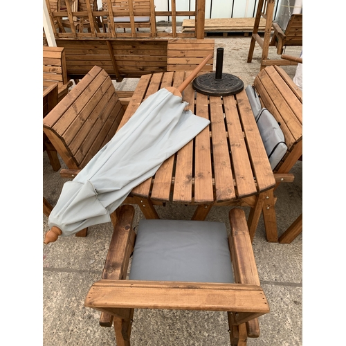 262 - AN AS NEW EX DISPLAY CHARLES TAYLOR GARDEN FURNITURE SET. ONE OVAL TABLE WITH UMBRELLA AND UMBRELLA ... 