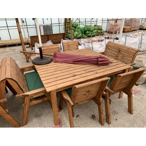 263 - AN AS NEW EX DISPLAY CHARLES TAYLOR GARDEN FURNITURE SET. ONE LARGE SQUARE TABLE WITH UMBRELLA AND U... 